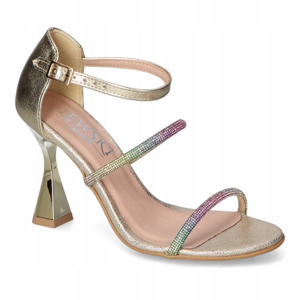 Sandály Na Podpatku Lewski Zlaté lico Kožené Ozdobné Pásky Zirkony 37