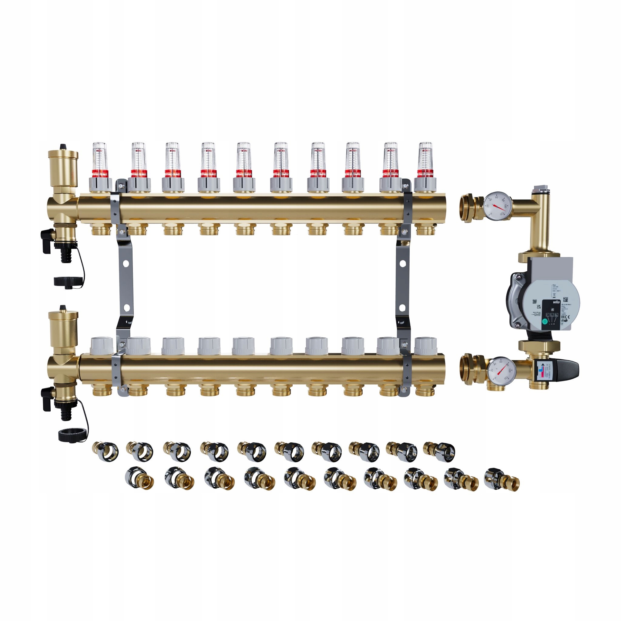 Rozdělovač pro podlahové topení 10 sekcí Spojky Pex Čerpadlo Wilo