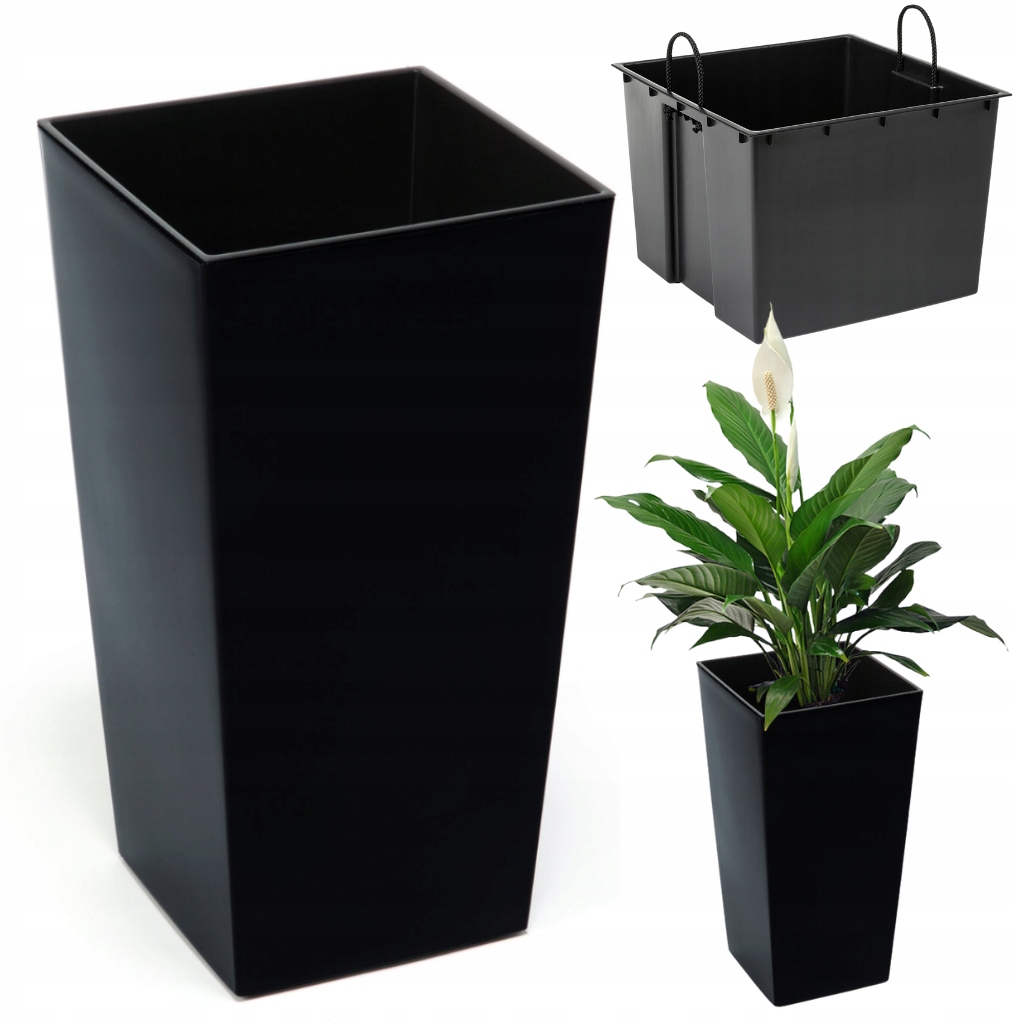 Doniczka Donica Lamela Finezja 35x35h68 Wysoki Połysk Czarna Wkład