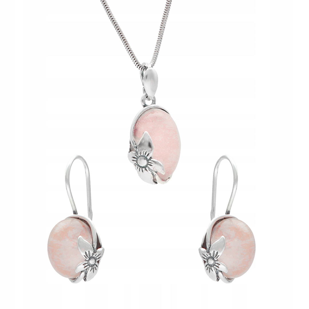 Komplet s růžovým křemenem a květinovým motivem, stříbro