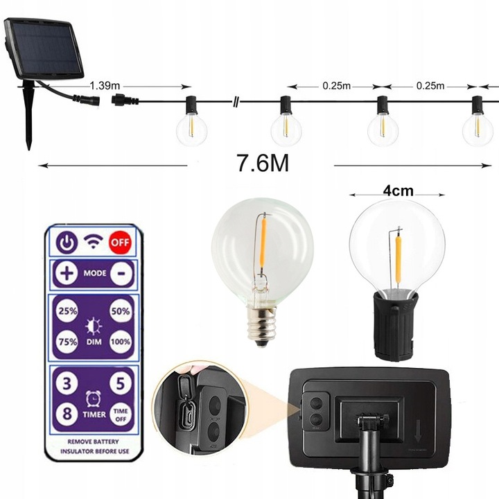 7.6M WISZĄCE GIRLANDA LAMPKI SOLARNA OGRODOWE TARAS 25+2 ŻARÓWKI+ PILOTA Marka Solar Light