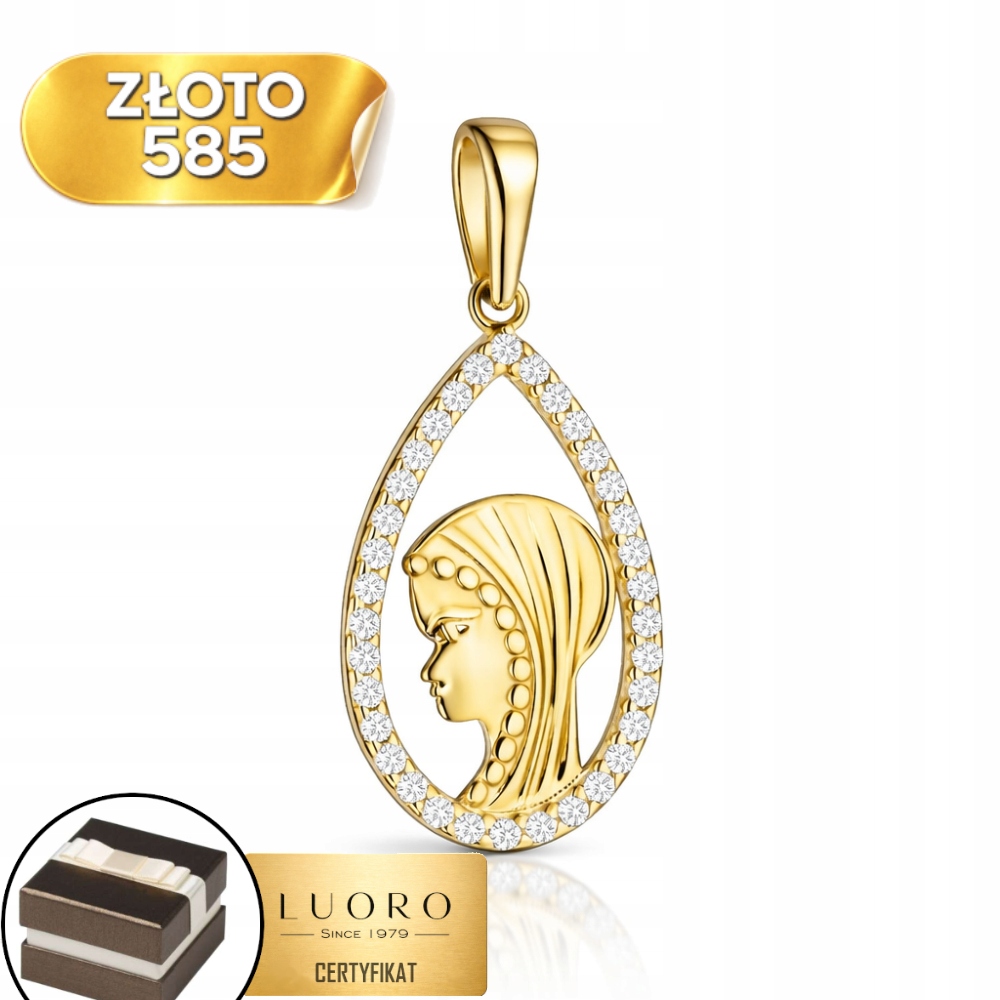 Zlatý Medailon 585 14K Slza Se Zirkony Matka Boží 24 MM Elegantní