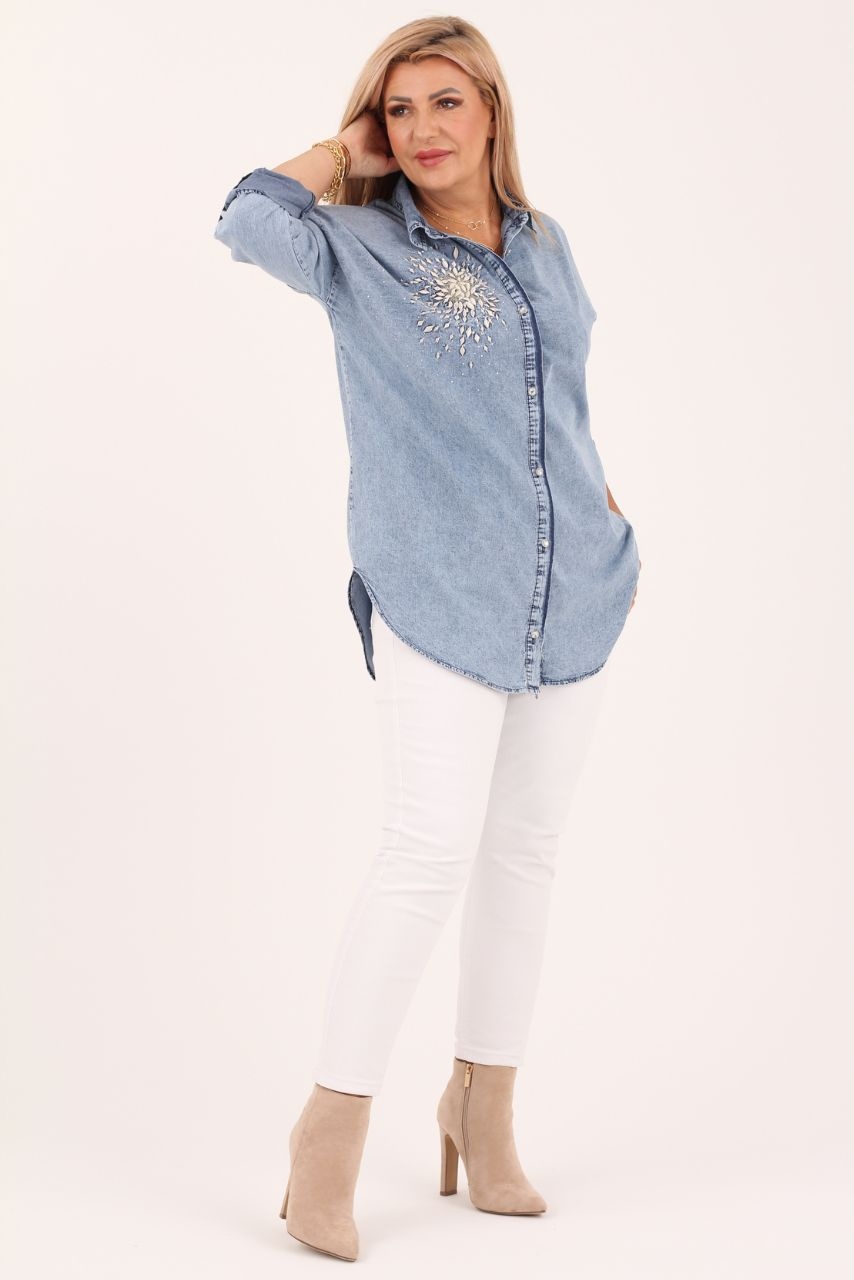 KOSZULA JEANSOWA DAMSKA DUŻE ROZMIARY ELEGANCKA DŁUGA OVERSIZE STYLOWA Wzór dominujący mix wzorów