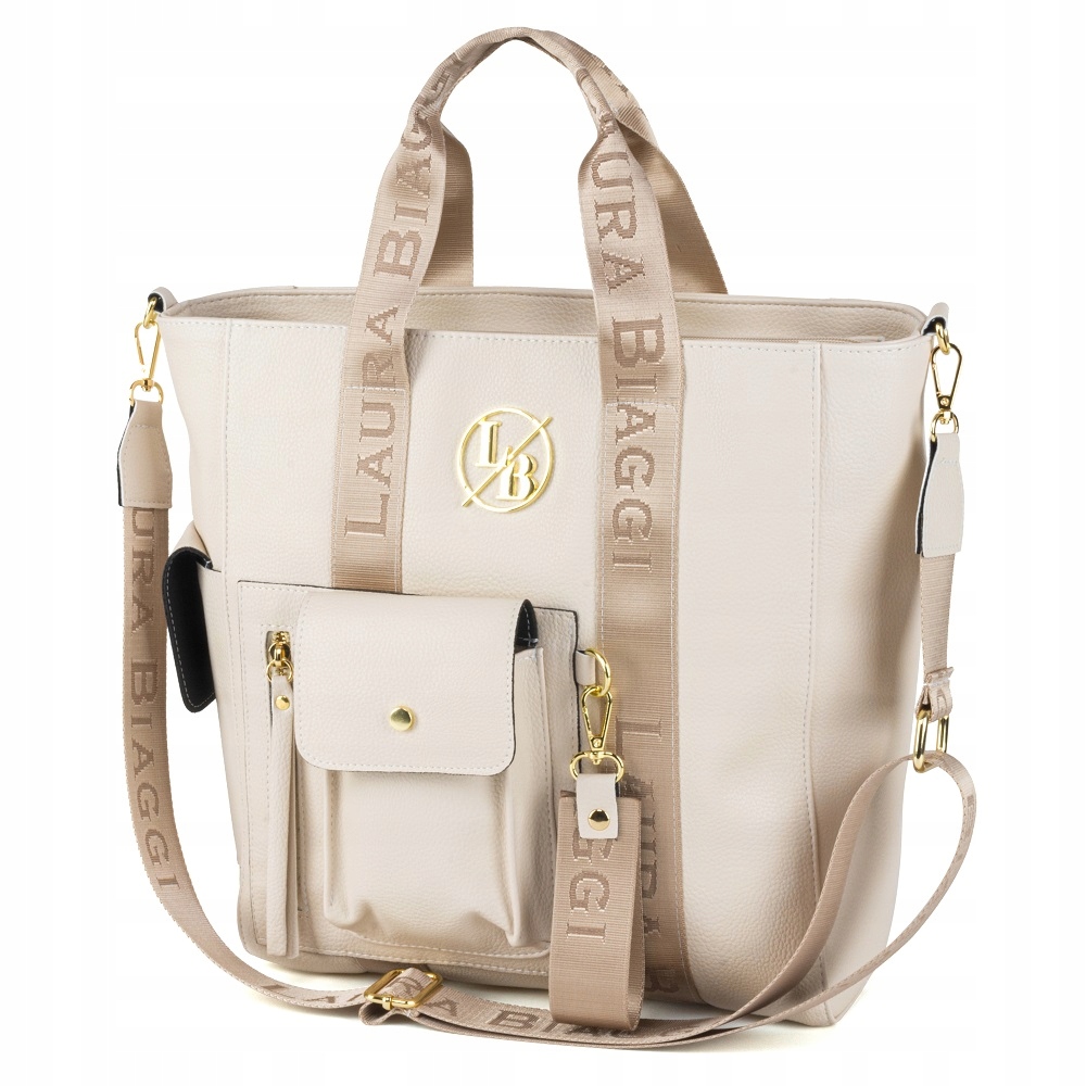 Laura Biaggi Dámská Kabelka Béžová Shopper A4 Logo S Popruhem Přes Rameno Velká