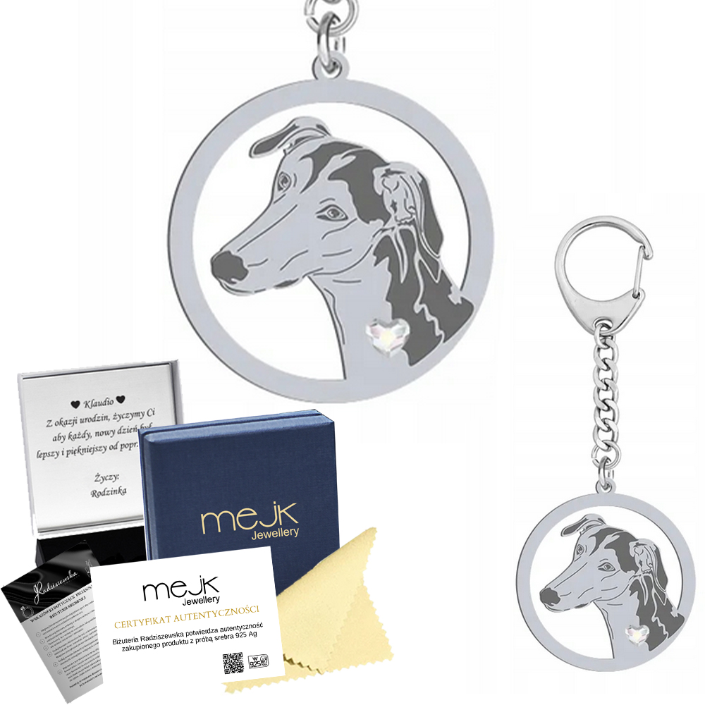 Přívěsek Na Klíče Stříbrný s psem Chart Polský 925 Dárek Dedikace Gravírování Bonus