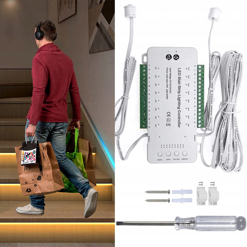Led Schodišťový Ovladač 16 Stupňů Schodů Kanálů 12-24 V S Pohybovými Senzory
