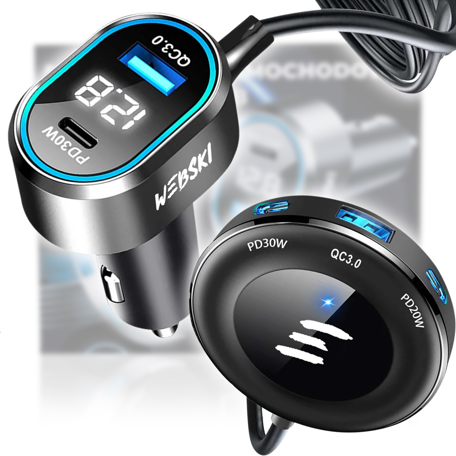 Automobilová Rozbočovač Klip Na Sedadlo 98W 2xUSB 3xUSB-C LCD