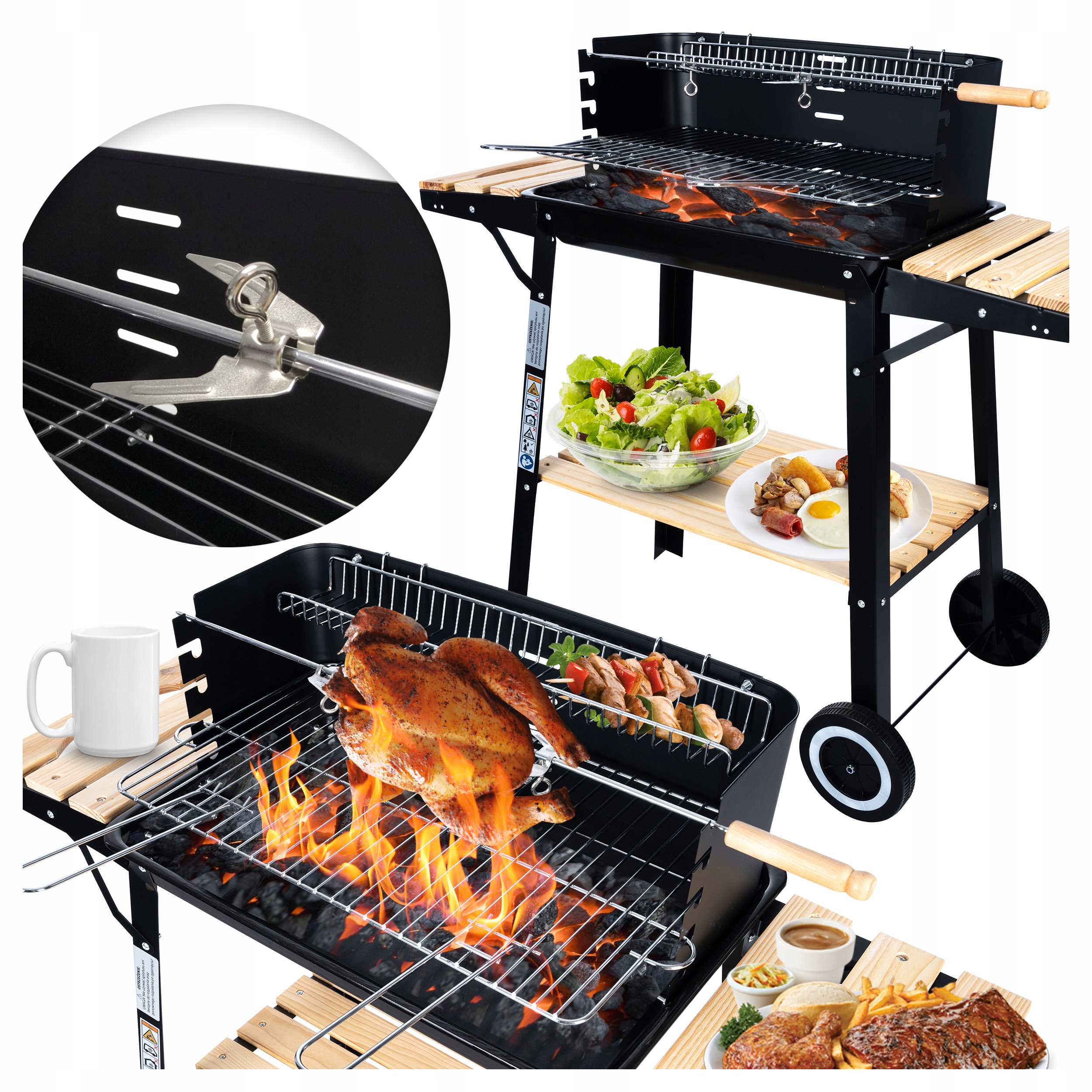 Grill Ogrodowy Węglowy Duży na kołach Rożen 3x Półki Grill Premium Set