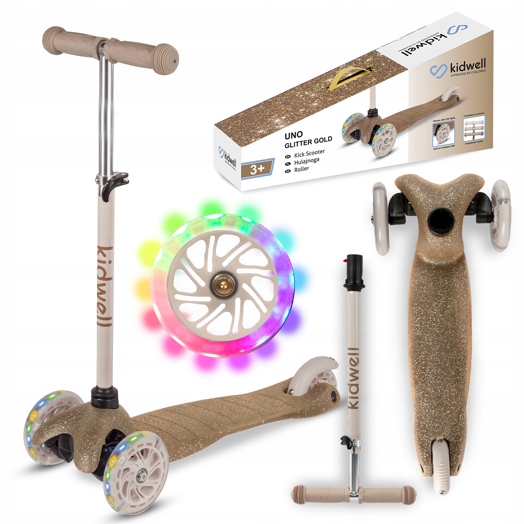 Kidwell Hulajnoga balansowa Uno dla dzieci brokat trójkołowa Led Gold 3+