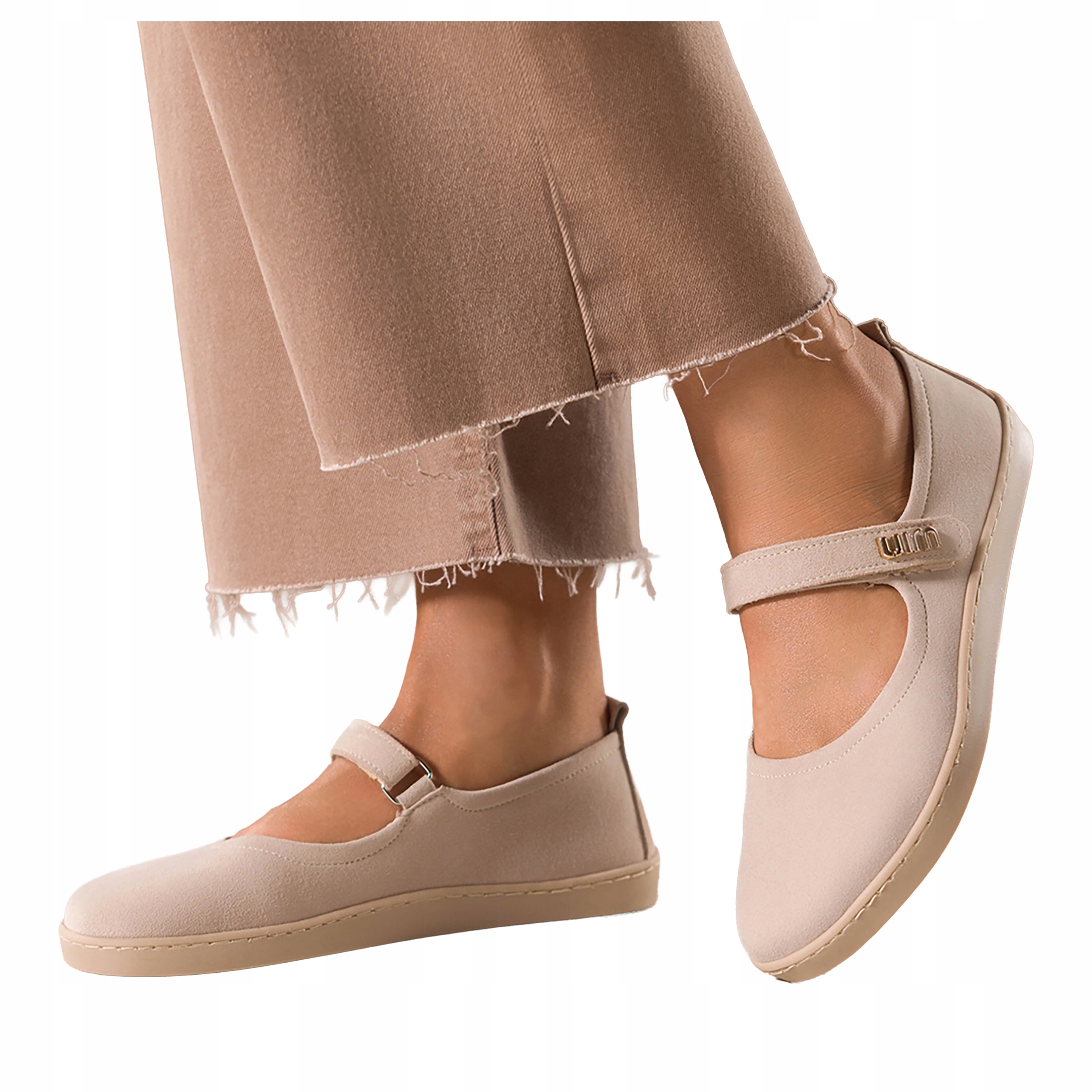 Baleríny Béžové Dámské Kožené Semišové Pásek Na Suchý Zip Barefoot Módní r 39