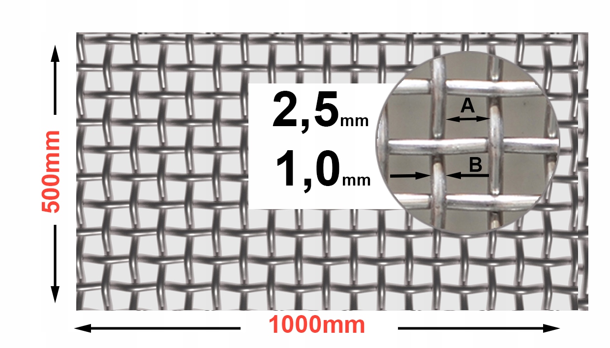 Siatka nierdzewna oczko 2,5 x 2,5mm drut 1mm Liczba m² w ofercie 0.5 m²