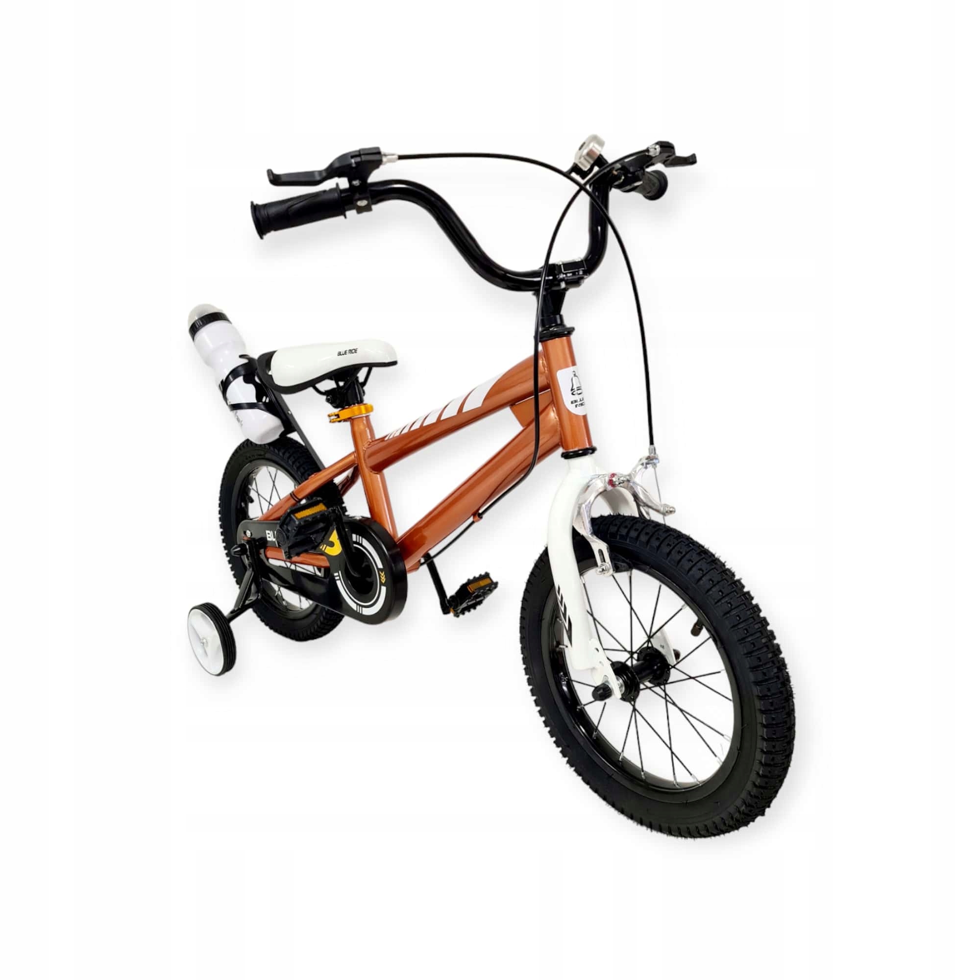 Rowerek rower dziecięcy 14 cali boczne koła bidon dzwonek brąz miedziany