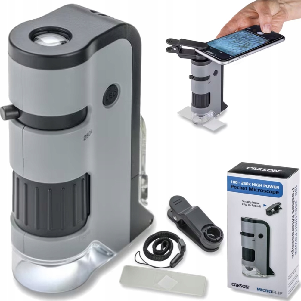 Mikroskop kieszonkowy Carson Microflip Led 100-250x do smartfona Szkolny