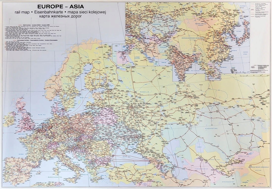 Europa I Azja Mapa Ścienna Kolejowa