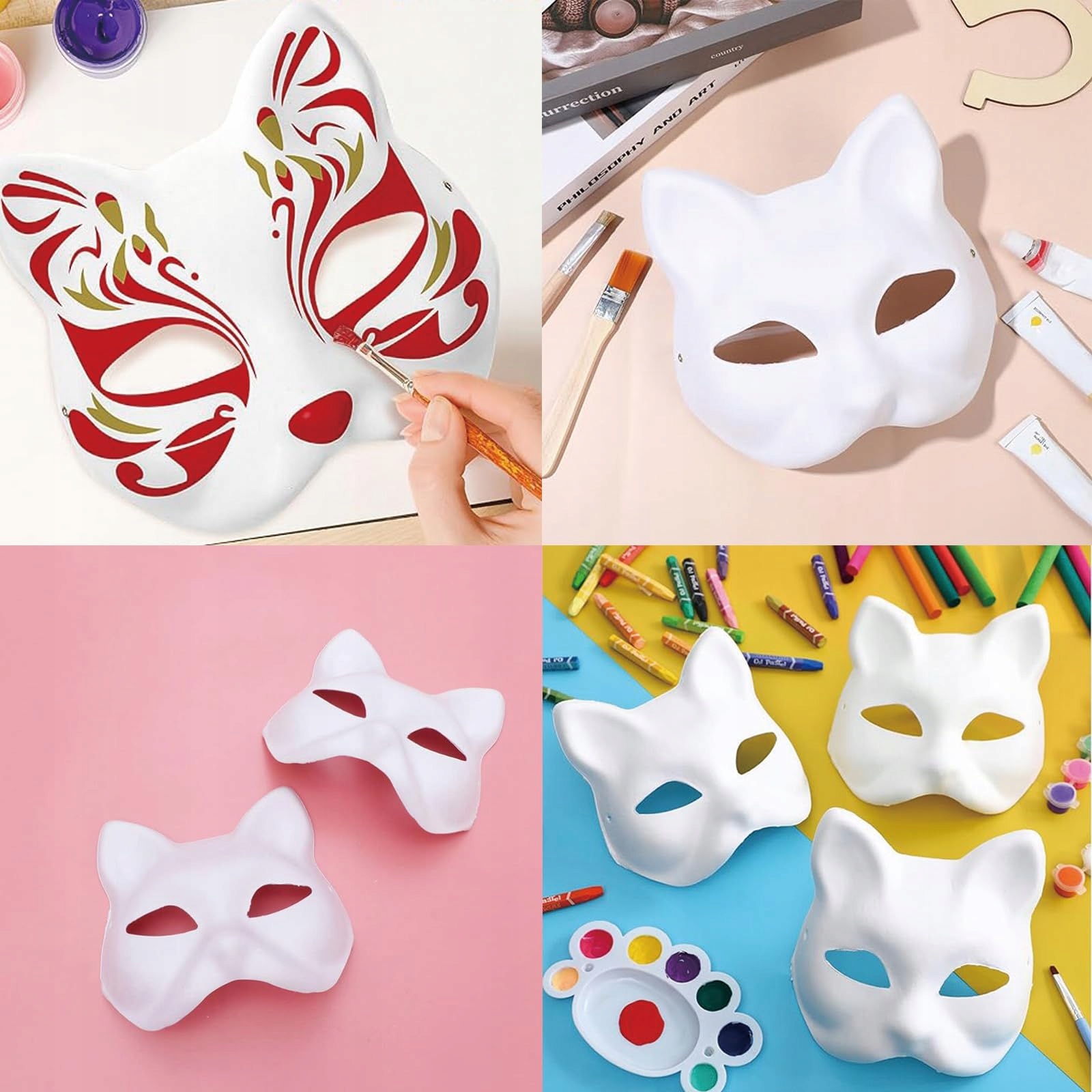 10× DIY PUSTE, RĘCZNIE MALOWANE MASKI MASKA KOT + 2× PĘDZLE + 12× FARBA Płeć uniseks
