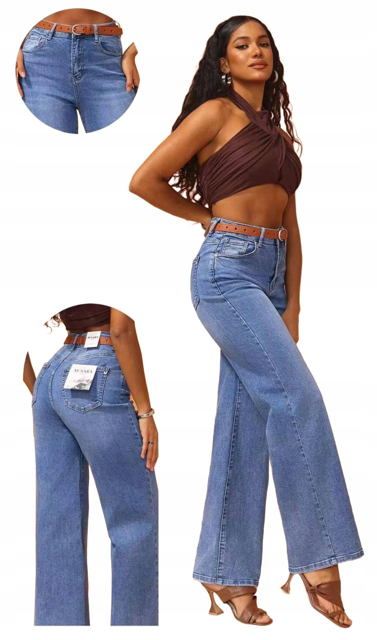 M.sara Damskie Spodnie Jeansowe Szerokie Nogawki Szwedy Wide Leg Blue 38/M