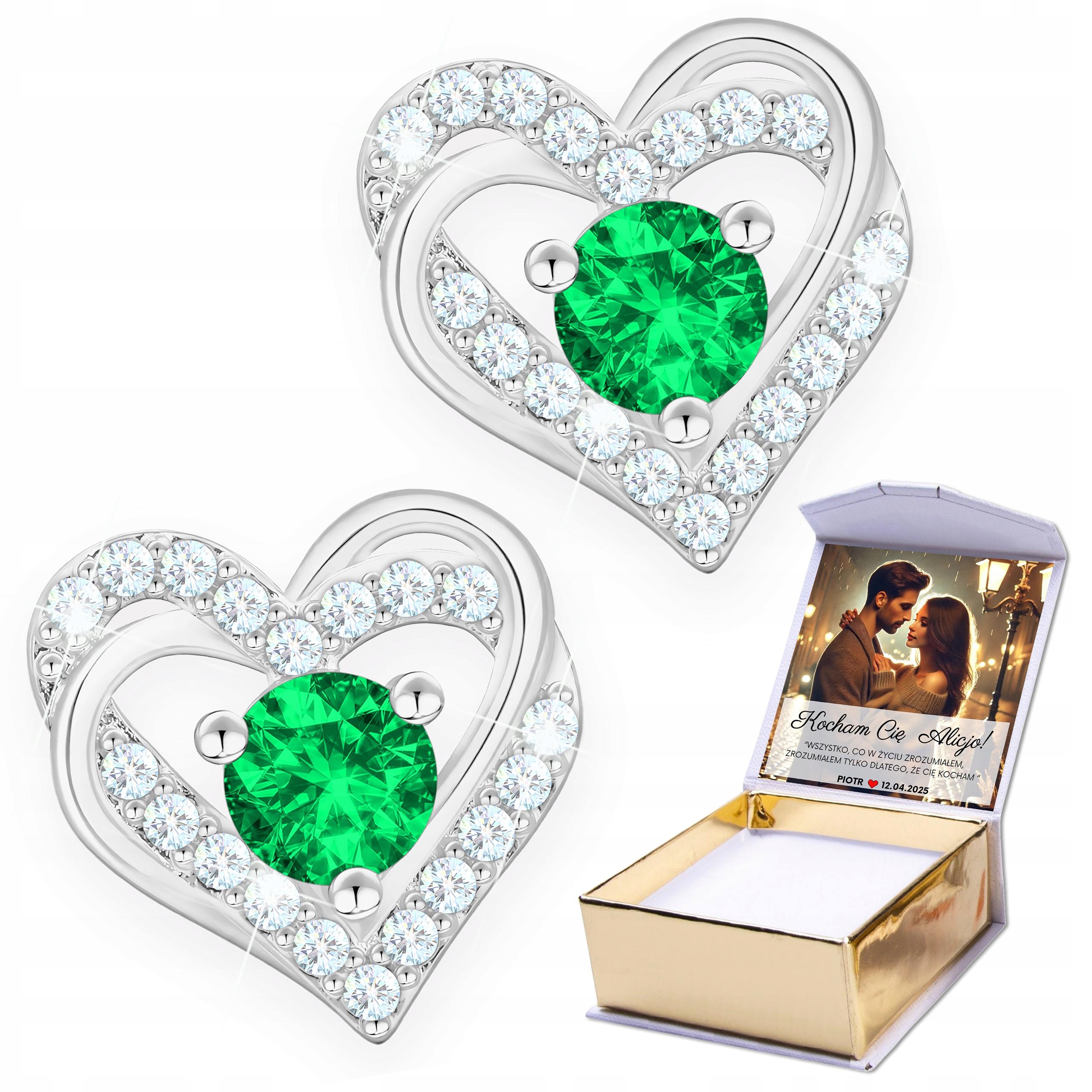 Stříbrné Náušnice 925 Zelená Zirkon srdíčka se zeleným očkem Potisk