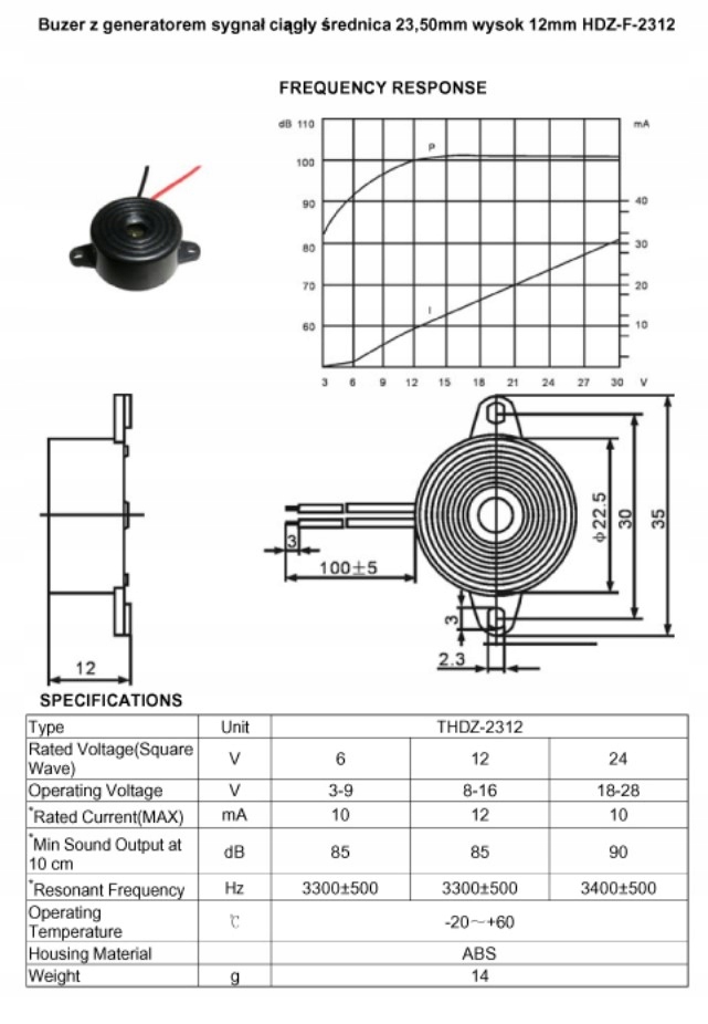 Buzzer z generatorem sygnału ciągłego 12V 85dB Producent Veoz