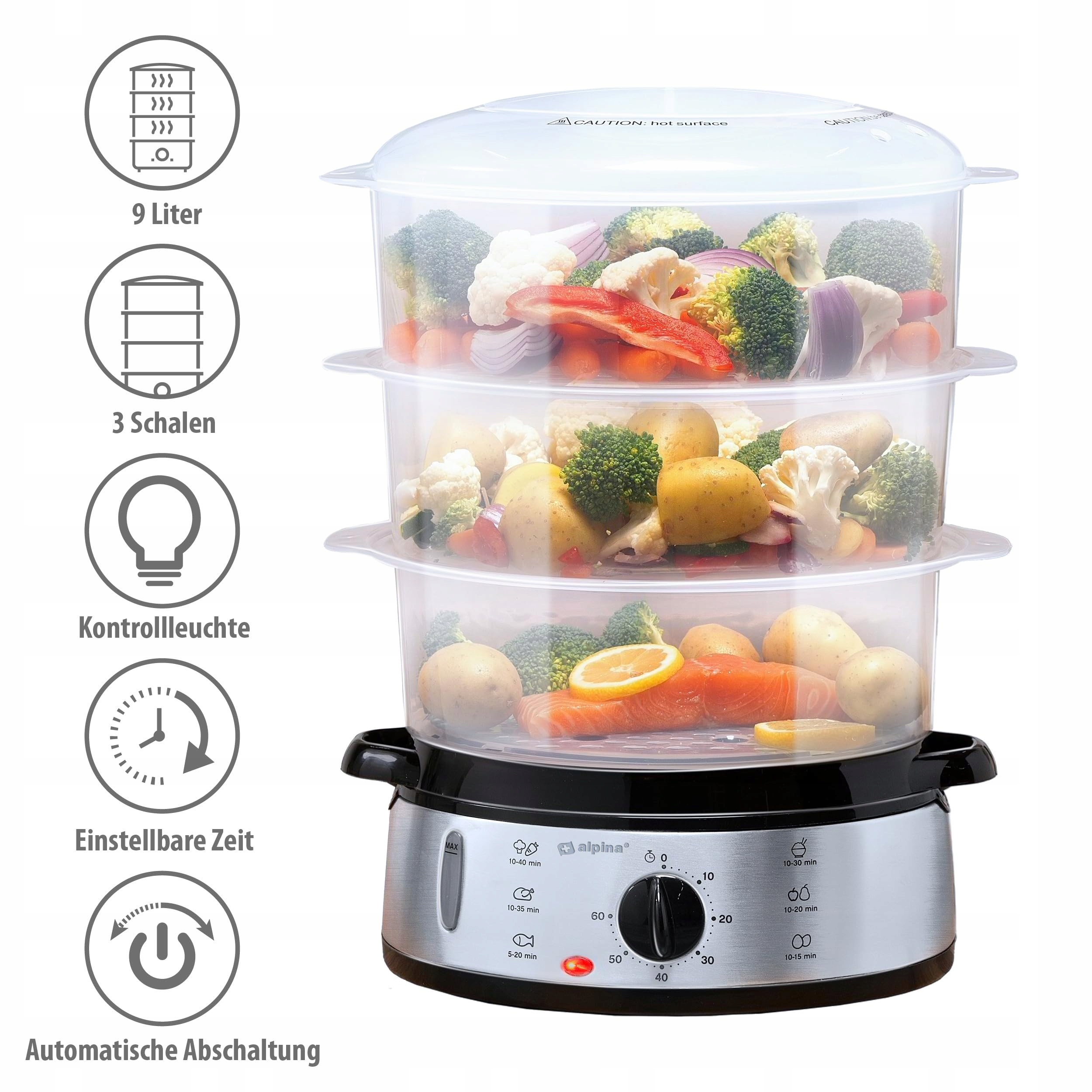 ALPINA Parowar 230V 800W 3 Poziomy BPA Free 9L Szary Plastik RVS — miniatura 3