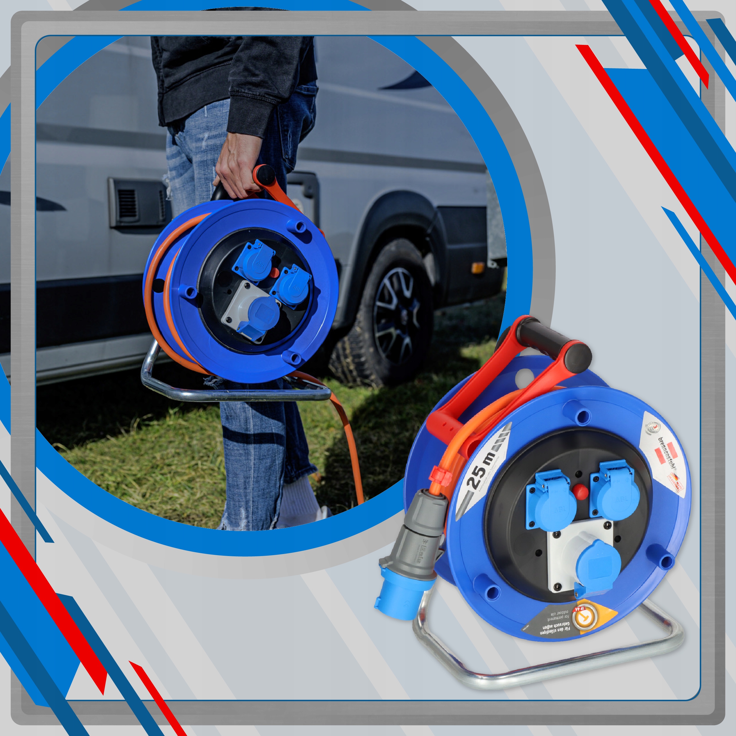 Przedłużacz bębnowy kepingowy CEE 25m 3x2,5 Kolor niebieski