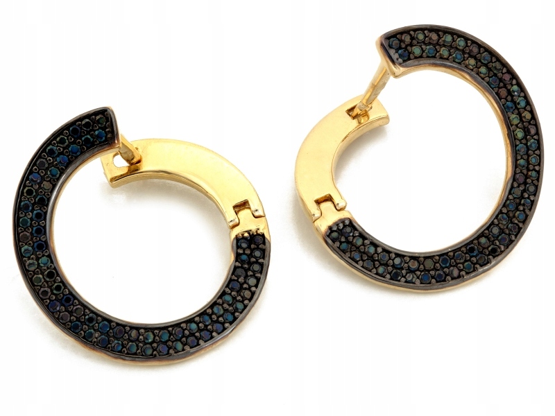 Módní náušnice zlaté kruhy 585 s černými kameny a anglickým zapínáním