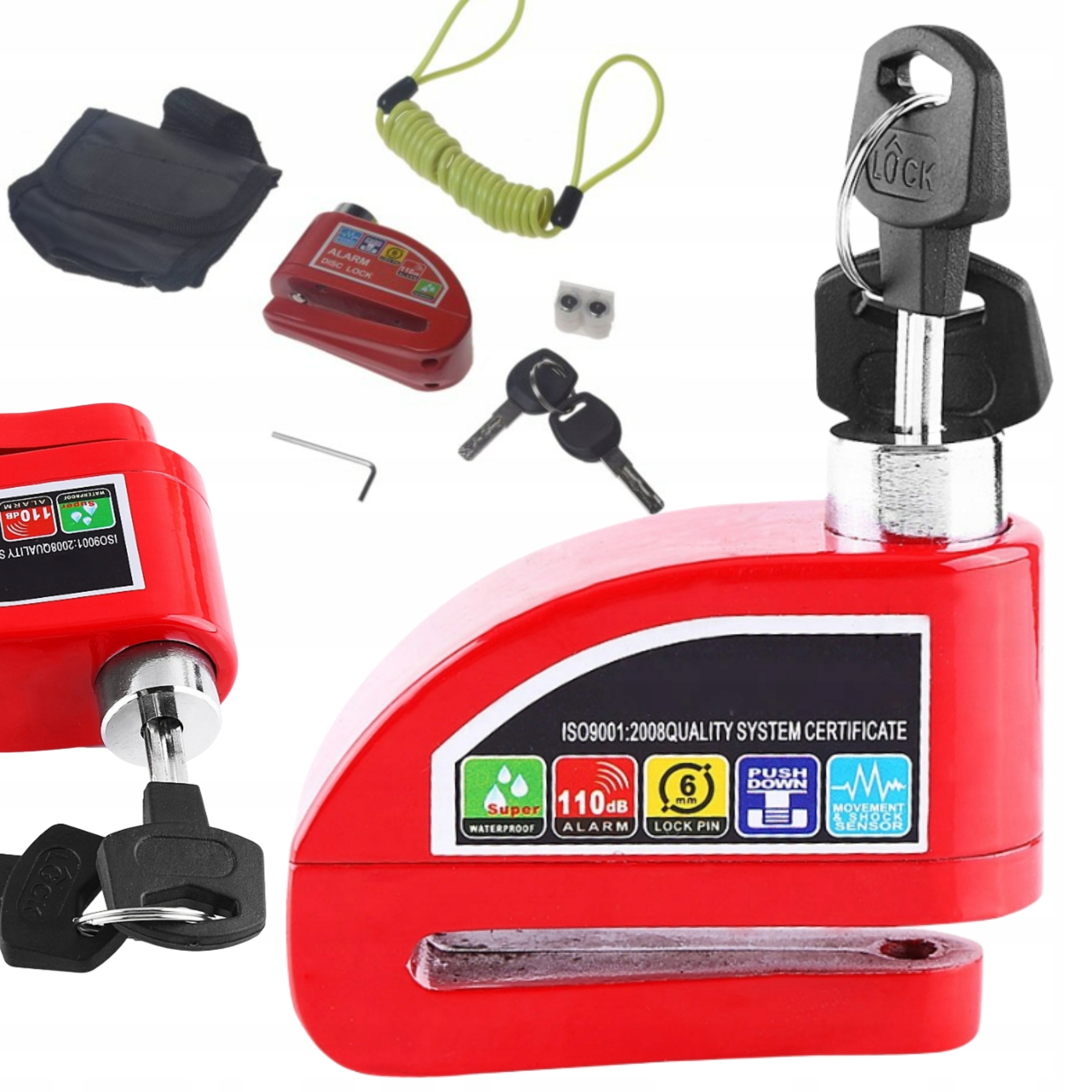 Zámek S Alarmem Na Brzdový Kotouč Motocykl Kolo Skútr 110dB Červený