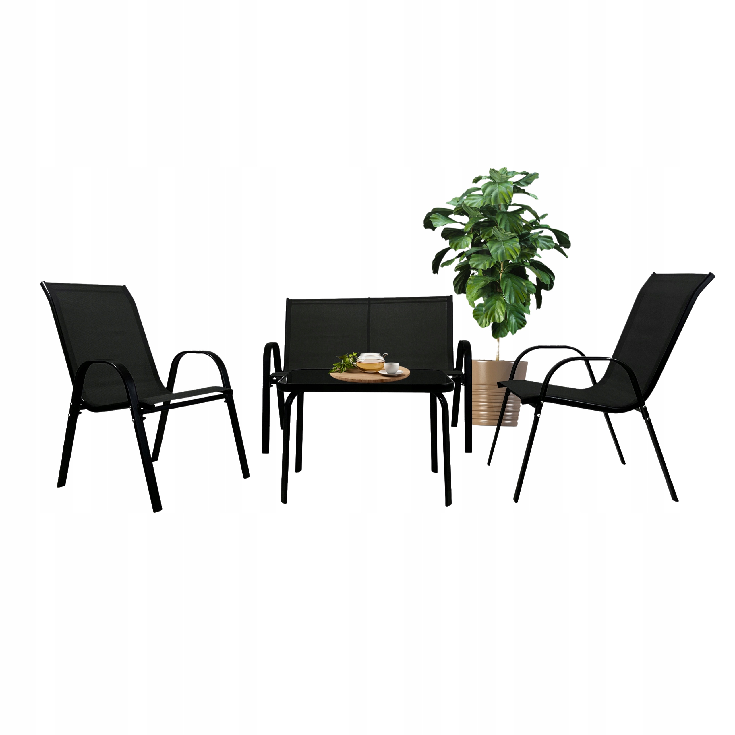 Sada záhradného nábytku Balkón Terasa Stôl Lavička 2x Stoličky Marbella Čierna