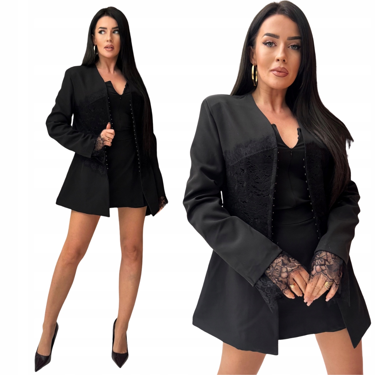 Sako s ozdobnou krajkou se zapínáním na háčky, podšívka černá One size