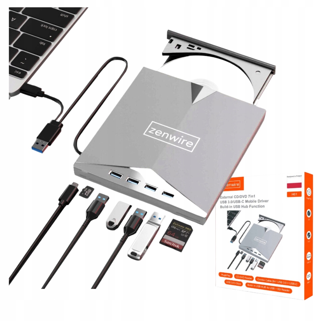 Externí jednotka CD DVD Přehrávač disků Přenosný Usb-c 3.0 Hub