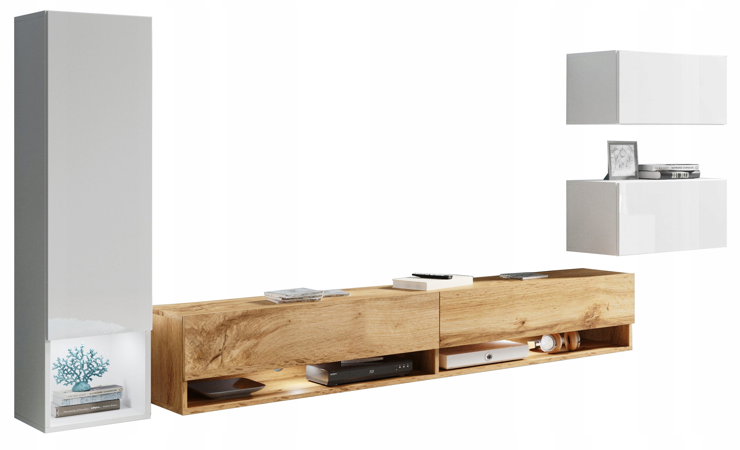 Nábytková Stěna 4 ks závěsný Rtv set 180 cm sloupek bílý lesk wotan s Led