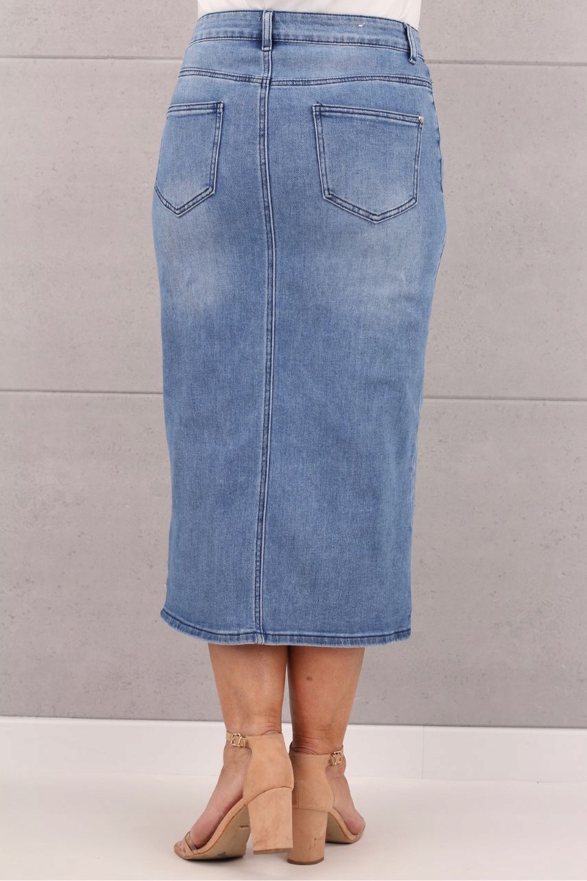 SPÓDNICA JEANSOWA Z ROZCIĘCIEM DUŻE ROZMIARY ZA KOLANO OŁÓWKOWA ELEGANCKA Wzór dominujący bez wzoru