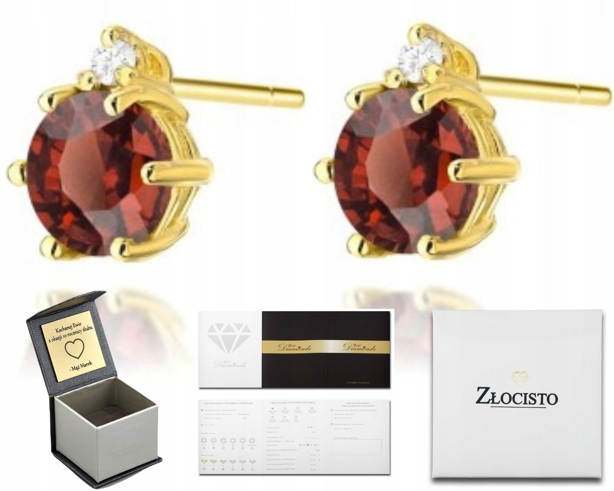 Náušnice Žluté Zlato O Ryzosti 585 14K Diamanty Přírodní Kámen Granát