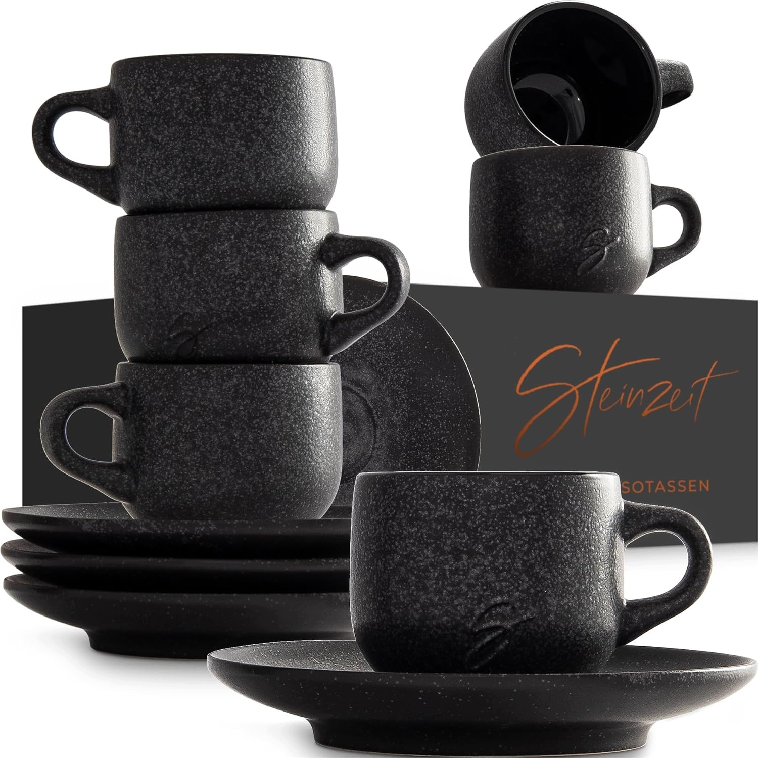 Designový Set 6 Šálků Espressa 80 ML, Ručně Vyrobené Podšálky