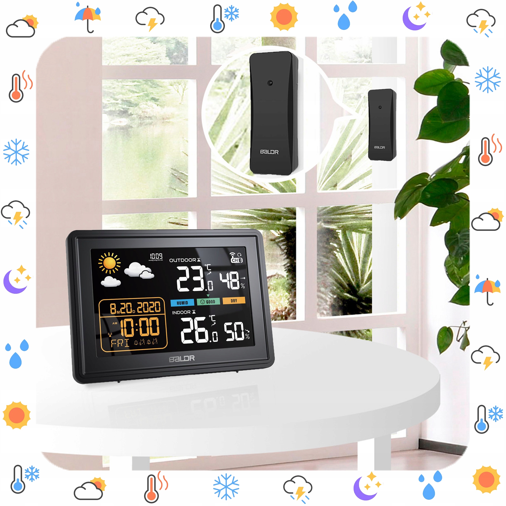 BEZPRZEWODOWA STACJA POGODOWA HIGROMETR TERMOMETR ZEWNĘTRZNY CZUJNIK POGODY Zasilanie sieciowe