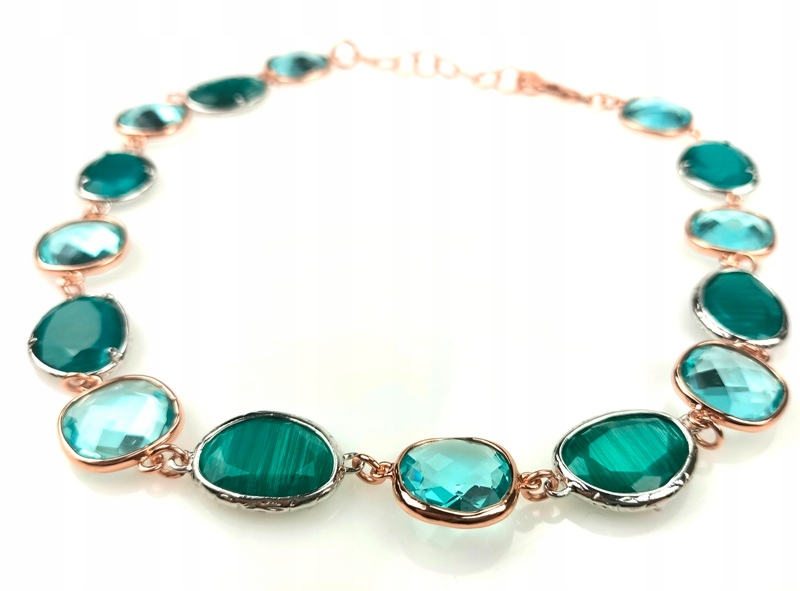 WŁOSKI NASZYJNIK MOSIĄDZ POZŁACANY KRYSZTAŁ AKWAMARYNU ZIELONY DZIEŃ MAMY