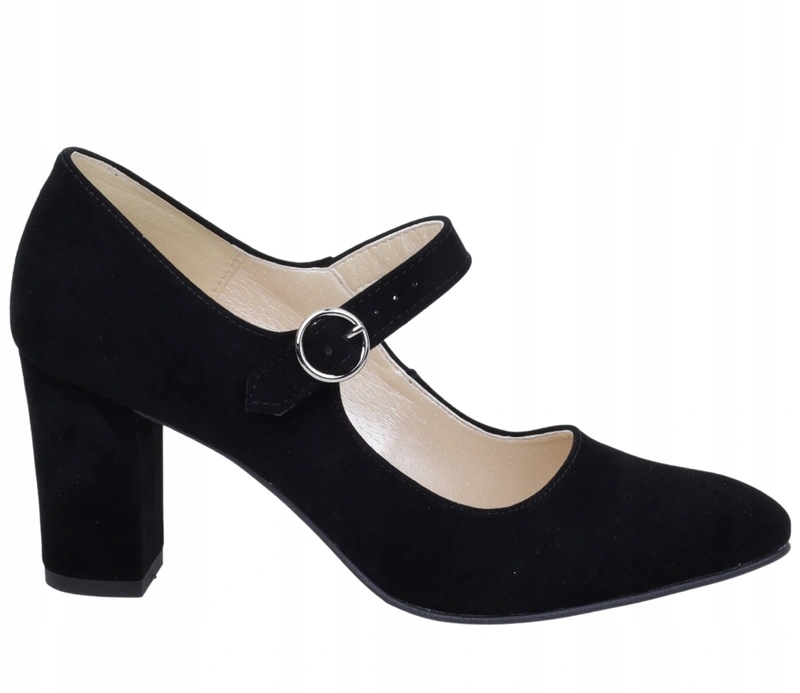 Czarne zamszowe czółenka na słupku z paskiem na sprzączkę Polskie Azali