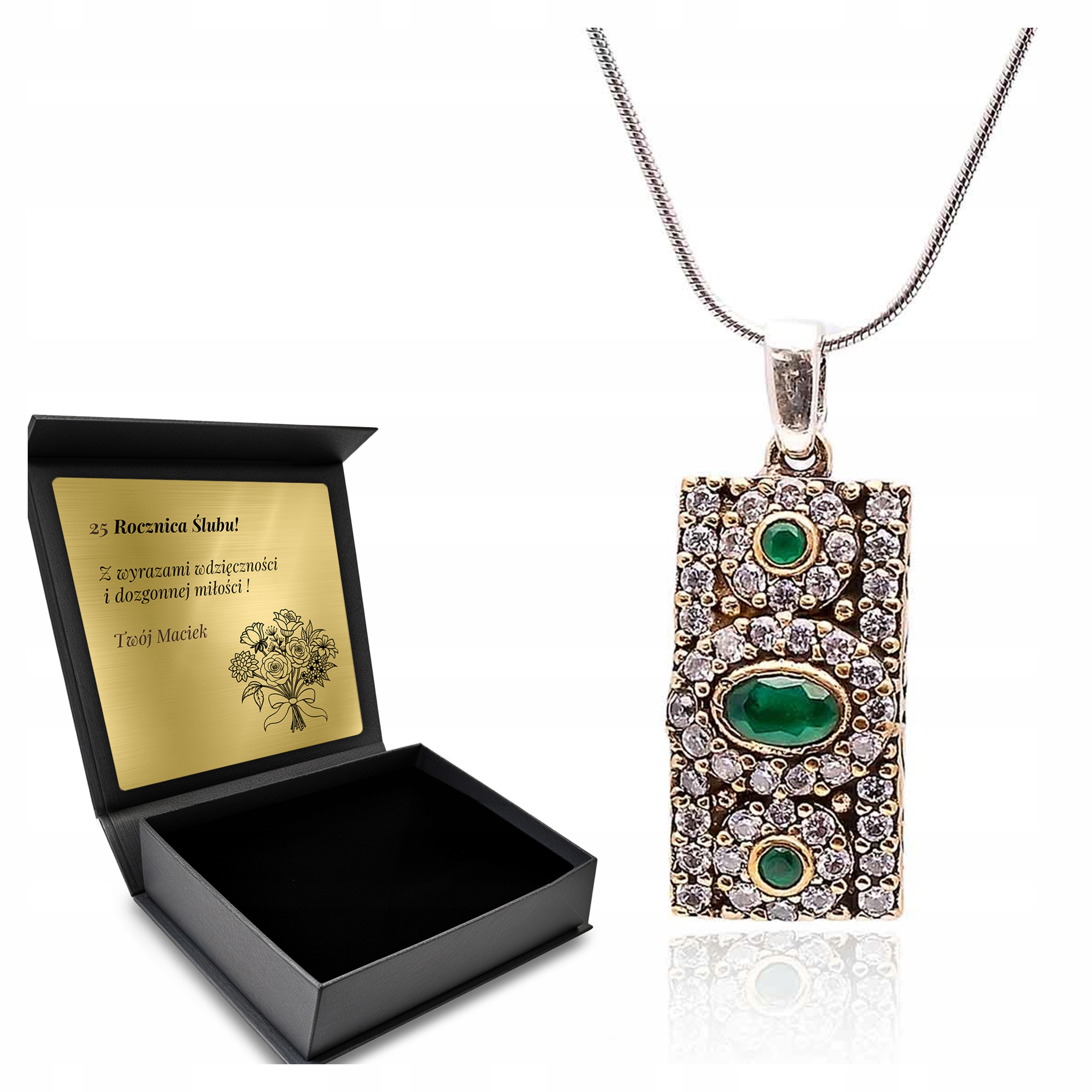 Stříbrný Náhrdelník Se Smaragdem A Zirkony Pr 925 Jemný Krásný Gravírování