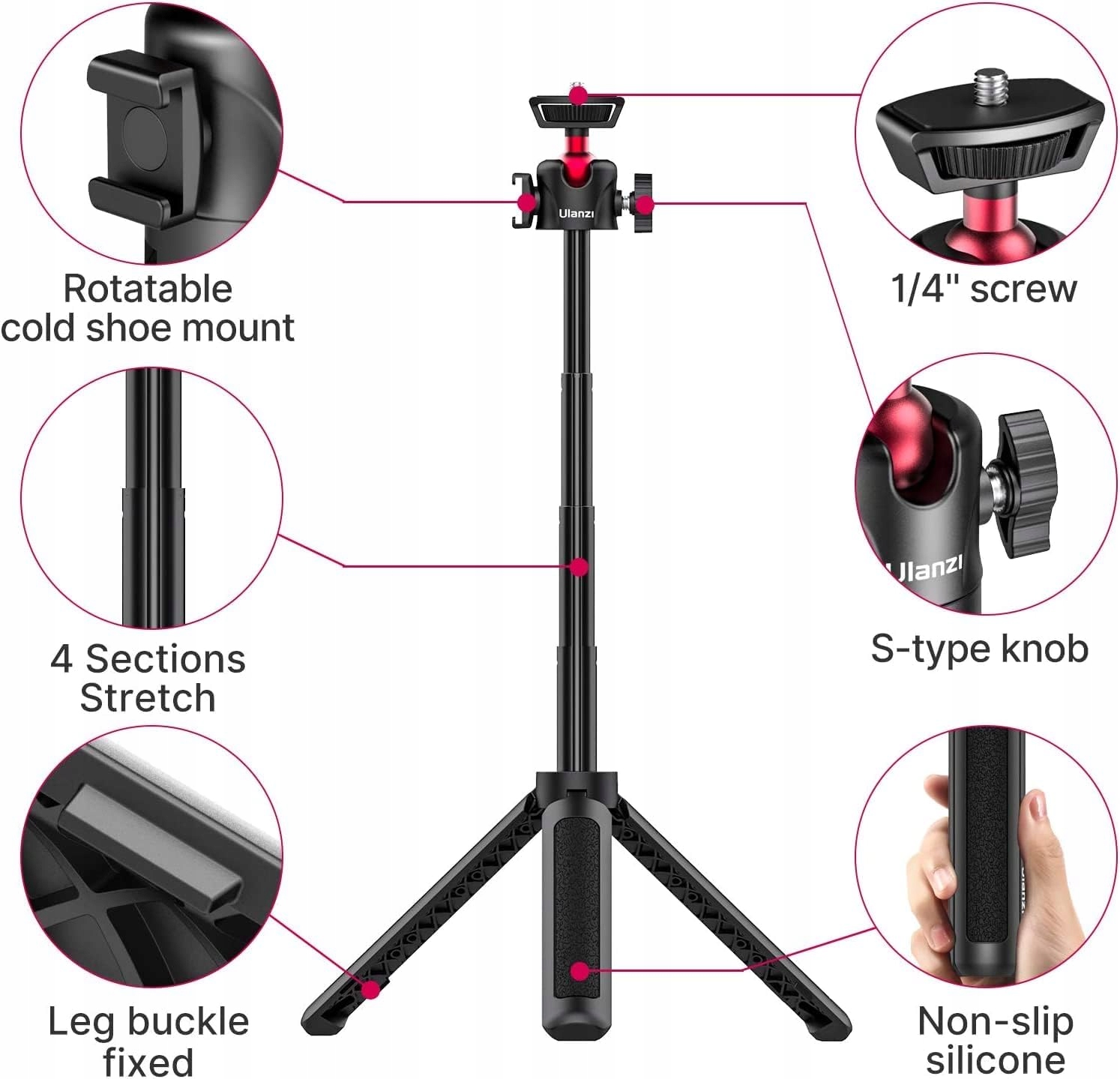 ULANZI MT-16 Selfie Stick Statyw Z Pilotem Do Telefonu i Kamery — miniatura 5