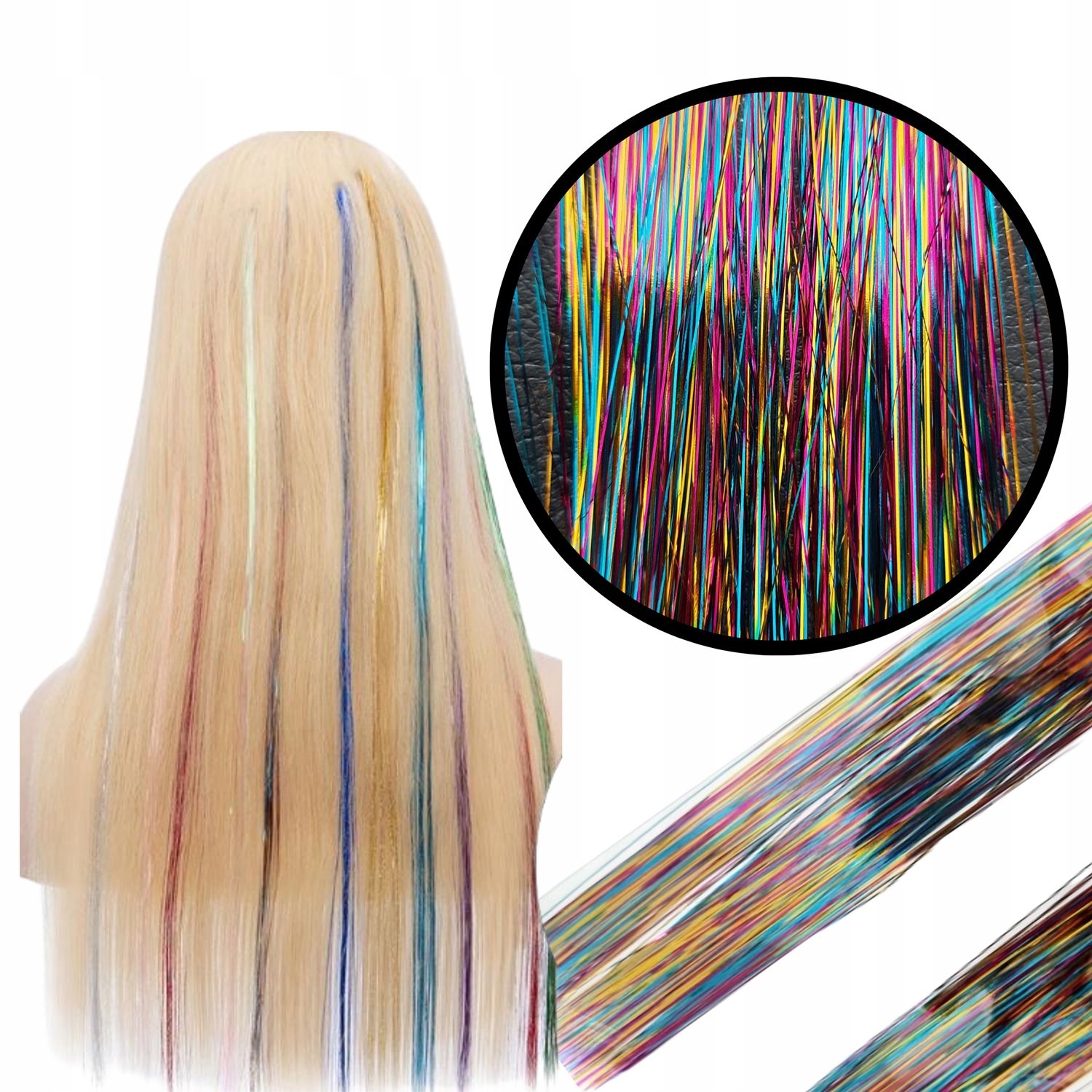 KOLOROWE WŁOSY PASEMKA LŚNIĄCE NITKI DO WŁOSÓW 90cm MULTIKOLOR