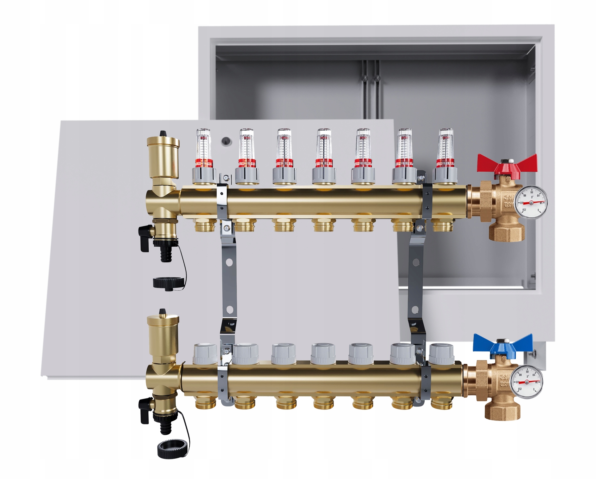 Rozdělovač Pro Podlahovou Krytinu, 8 Okruhů Kulový Ventil Teploměr, Krabička