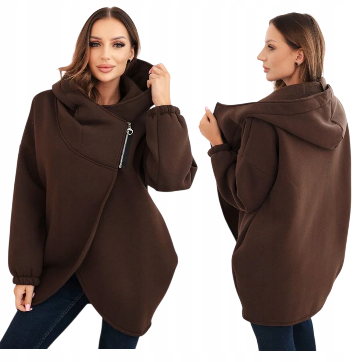 Bluza damska ocieplana z kapturem i asymetrycznym