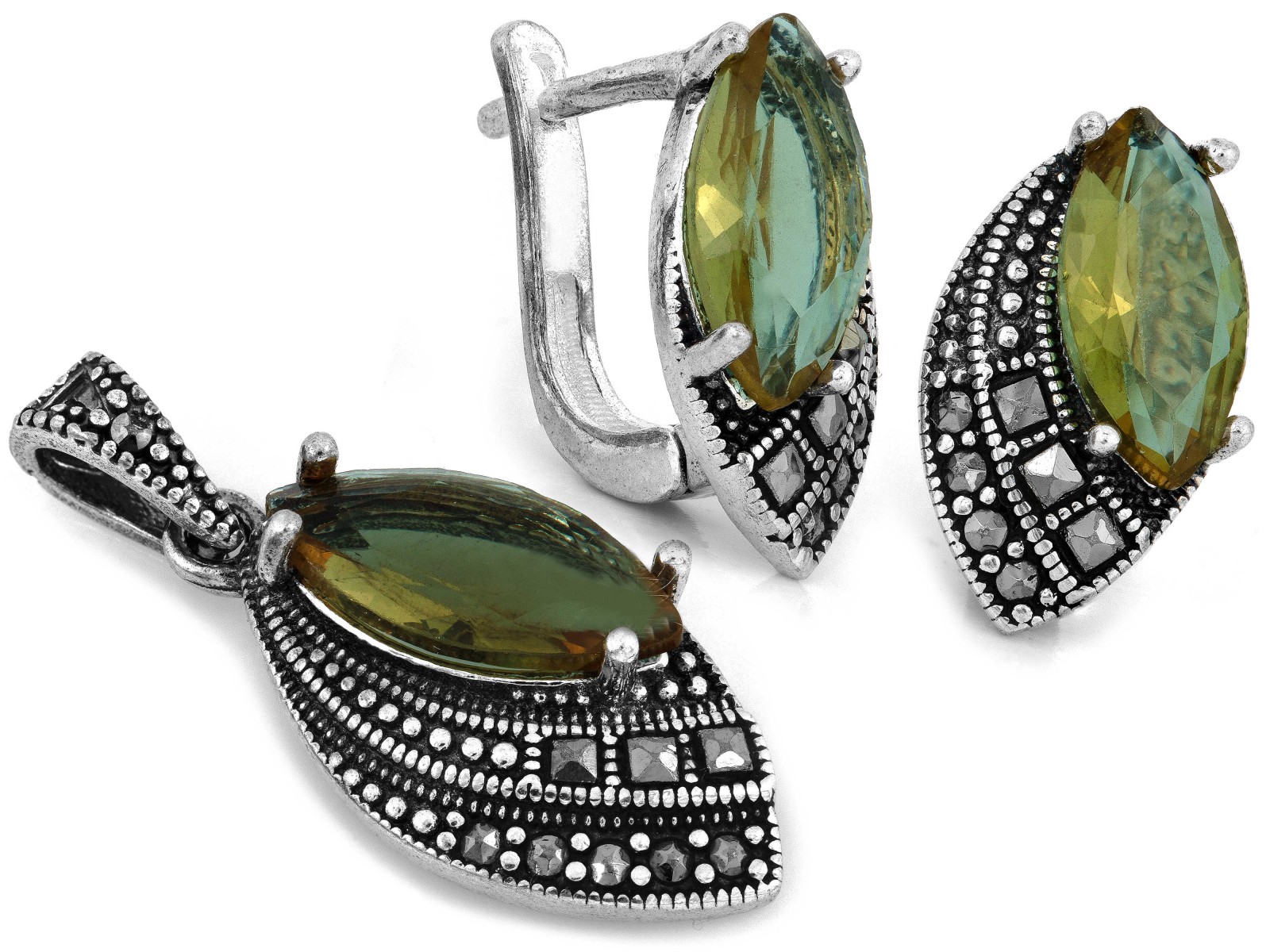 Elegantní stříbrný komplet 925 s zultanitem a markýzami, váha 7.20 g dárek