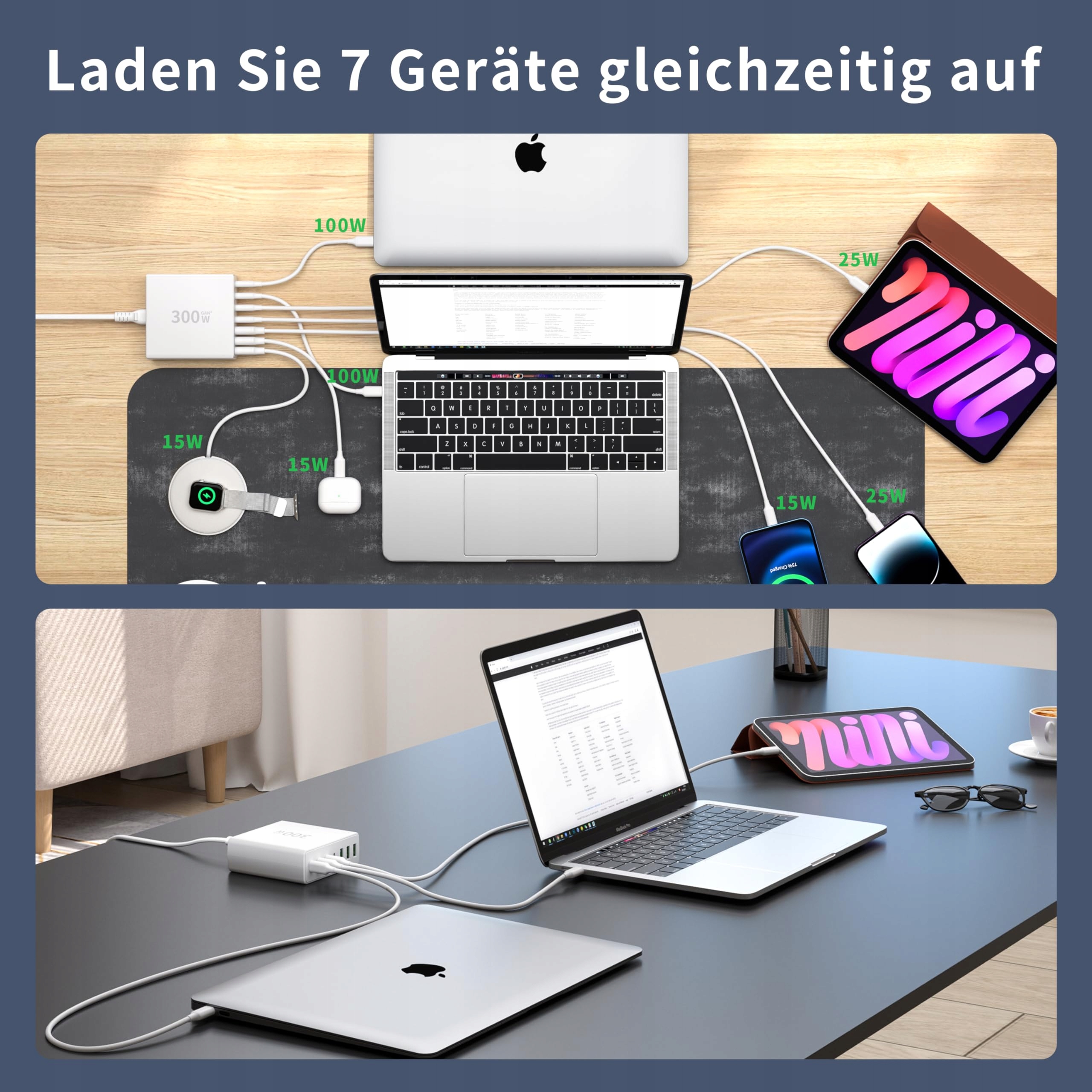 FINIBO Ładowarka USB C 300 W, wielokrotna: 7 portów USB — miniatura 6