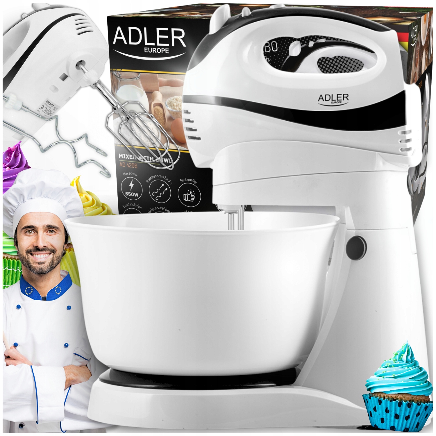 Ruční kuchyňský robot s mísou 550W 3L turbo 5 rychlostí