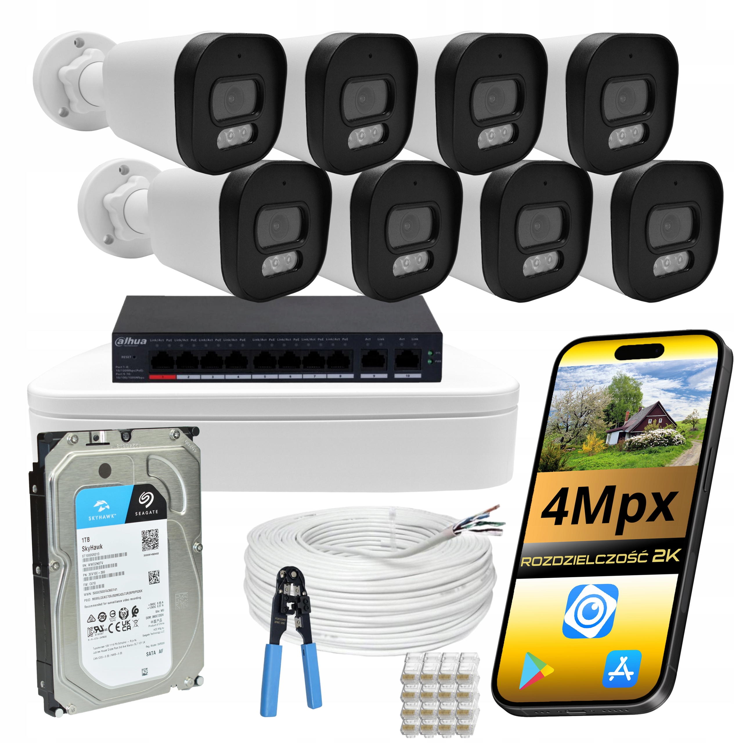 Monitorování Dahua Sada 8 Kamer 4MPX Ip PoE Barva V Noci Disk 1T Dual Light