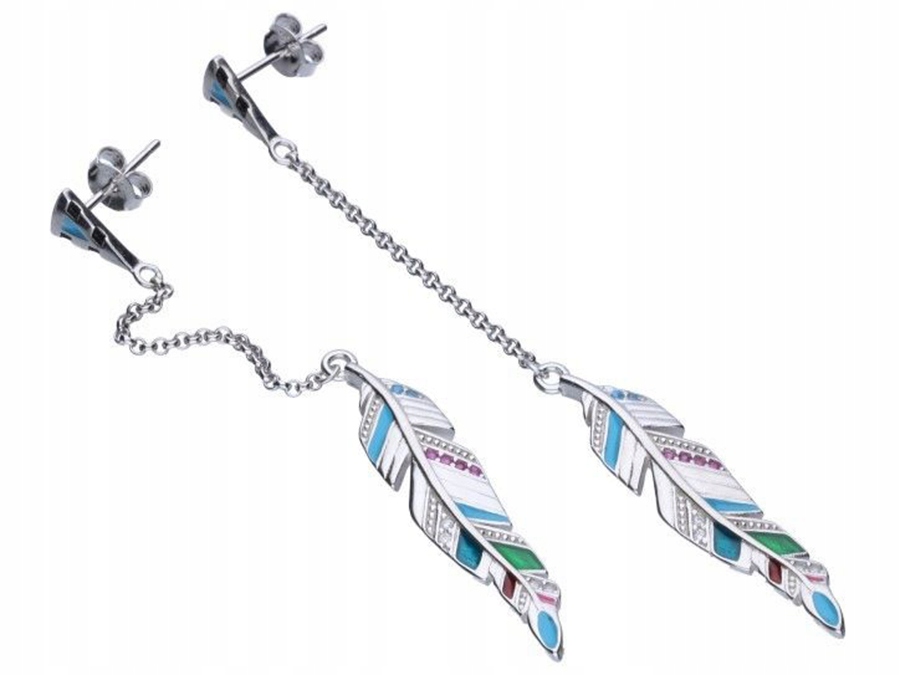 Stříbrné Náušnice Visací Dlouhé Pírka se Zirkony a Smaltem