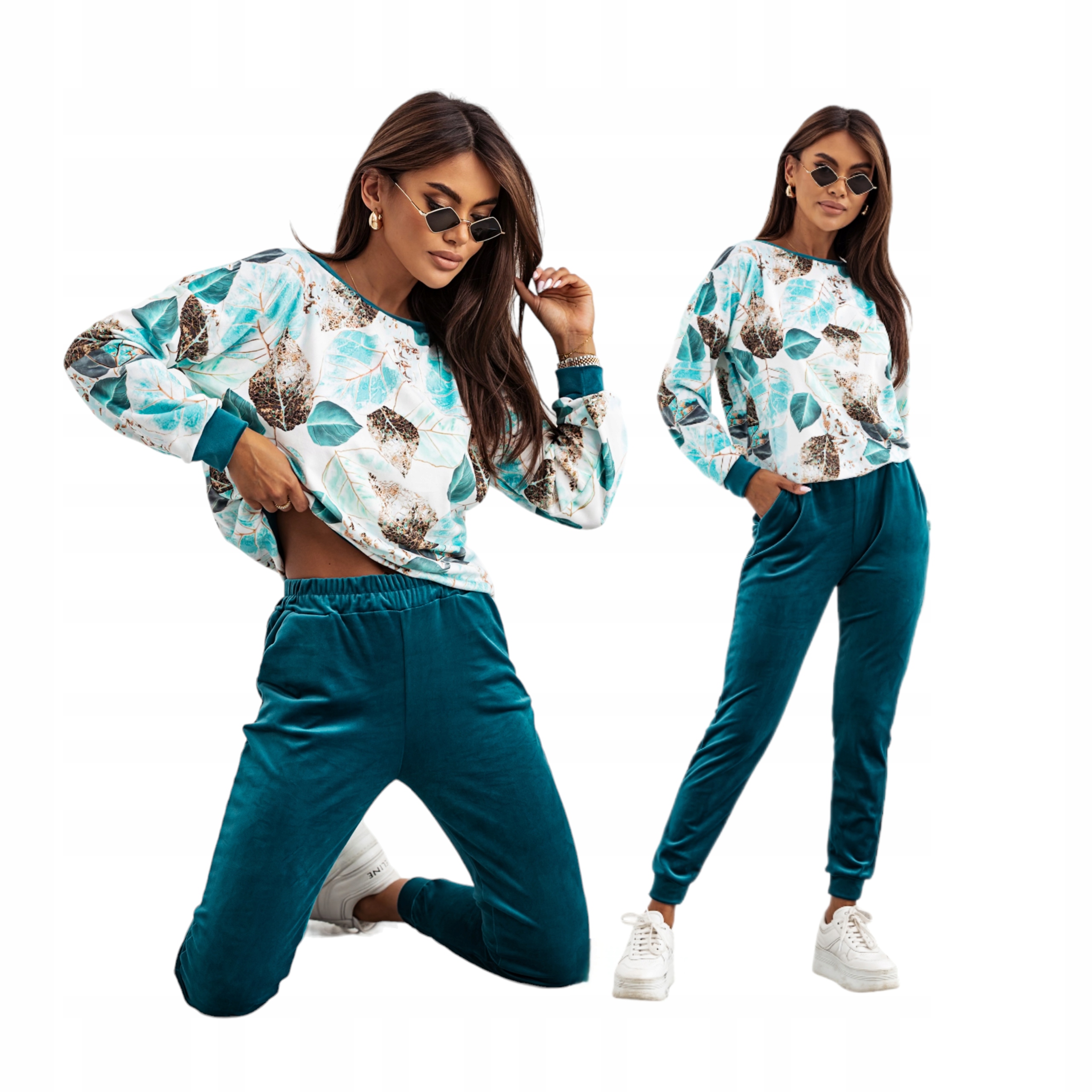 Polský Komplet Teplákovka Velurová Mikina A Kalhoty Premium Listy vel. S/m zelená