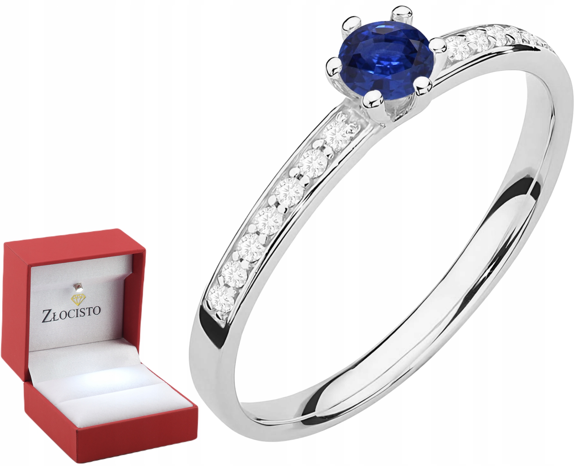 Bílé Zlato Prstýnek S Tmavě Modrým Safírem A Brilianty, Zlato 585 14K