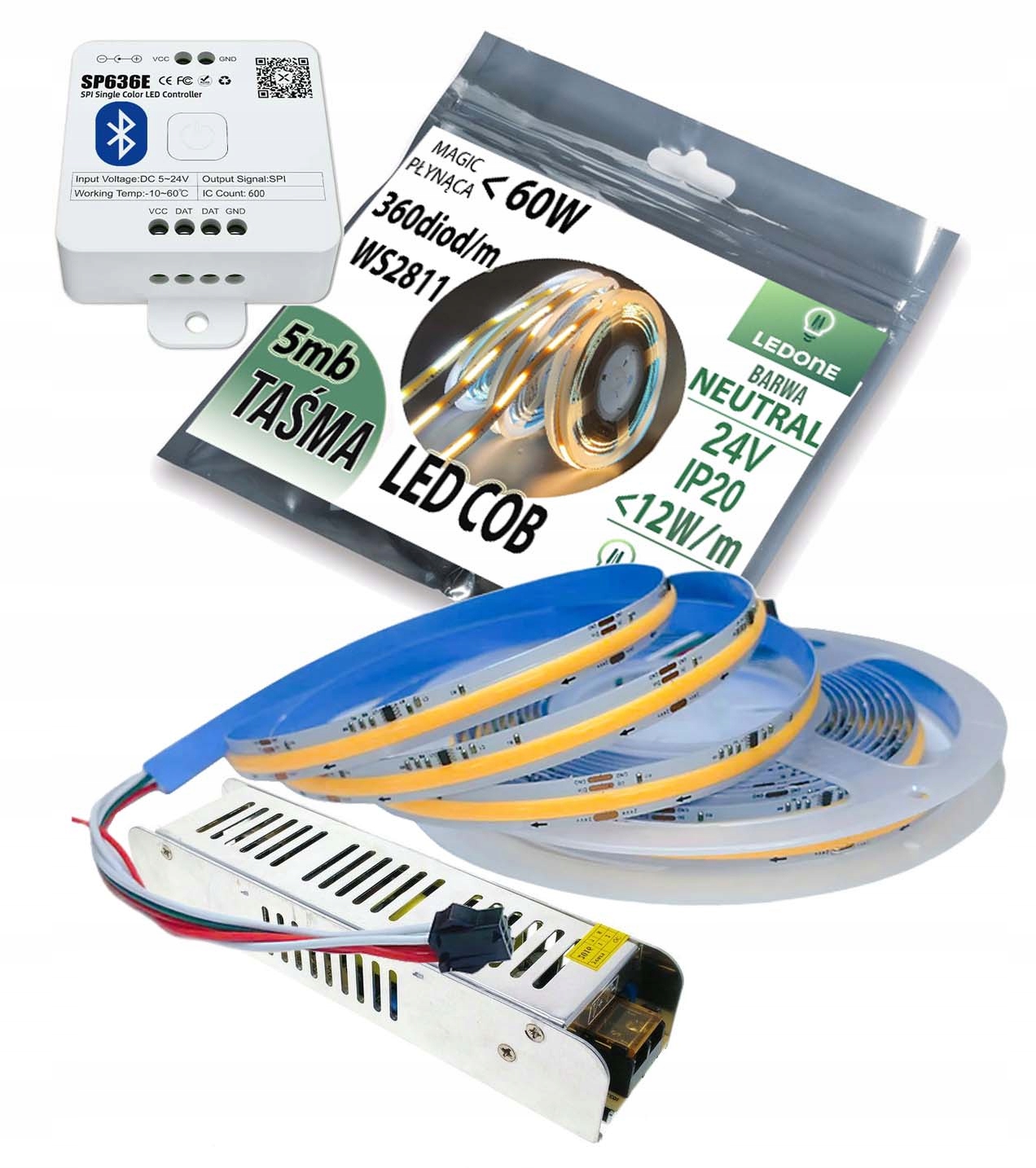 Sada 5 m Led Cob Páska IP20 24V Magic Pixel Tekoucí Digitální ovladač