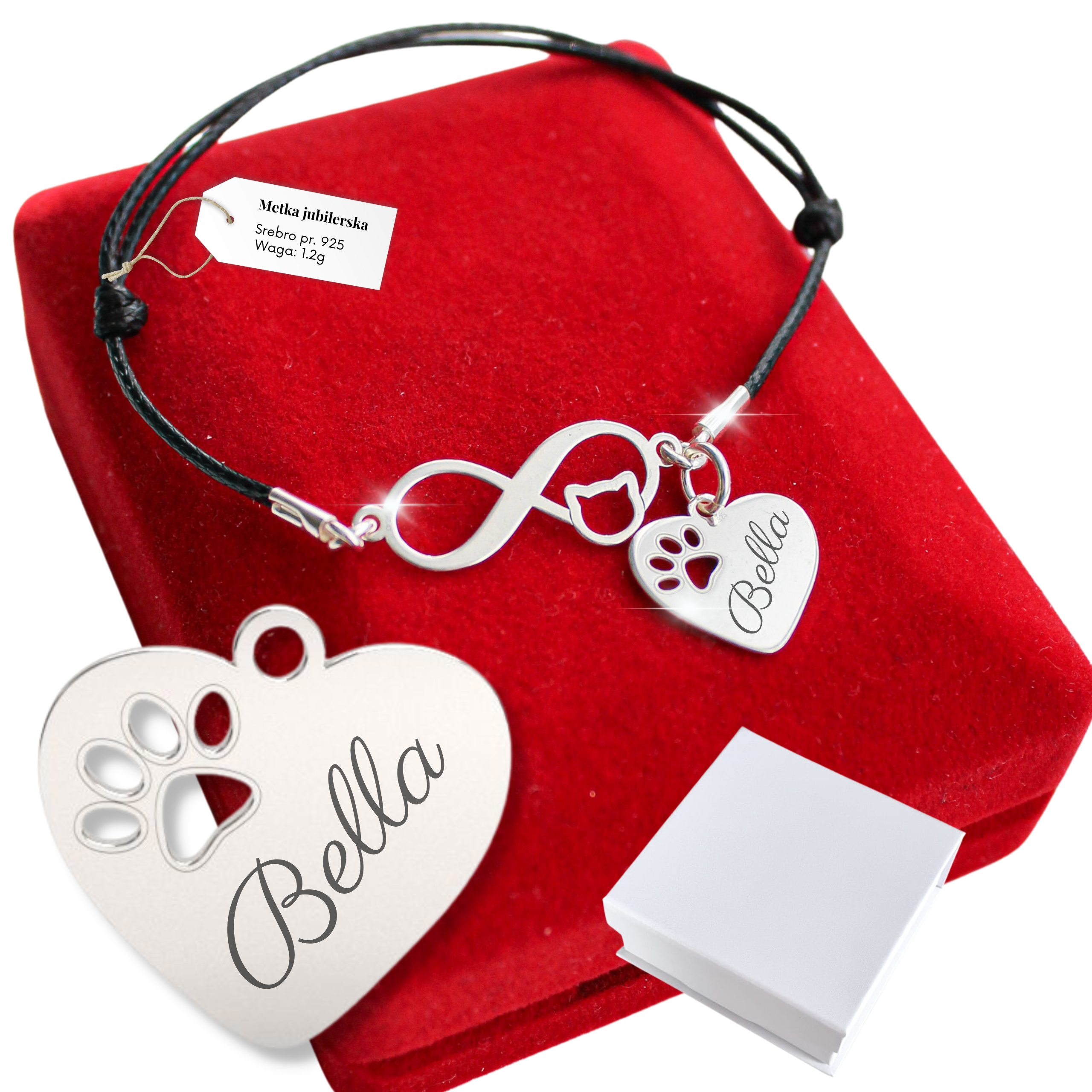 Stříbrný náramek 925 s tlapkou a jménem kočky Gravírování